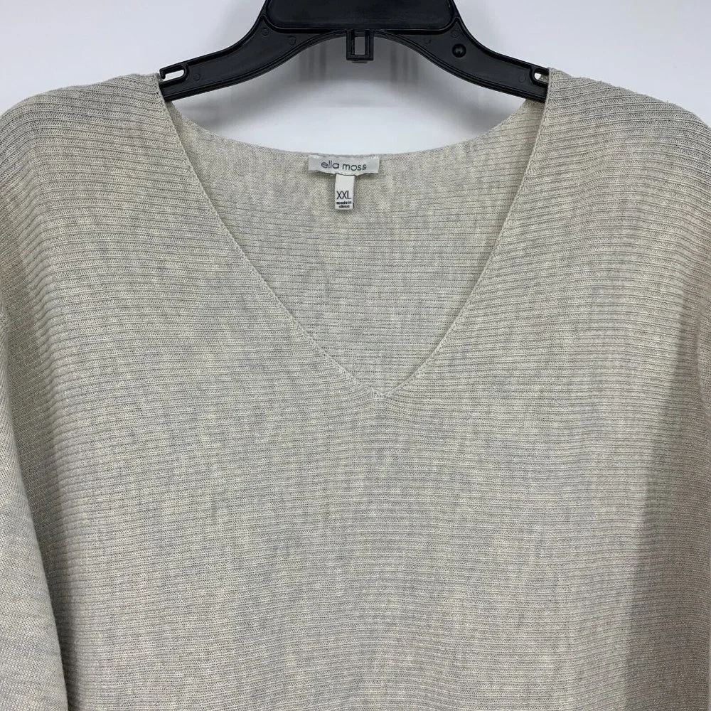 Ella Moss Sweater Beige Gray Ribbed V Neck Pullover Long Sleeve_3